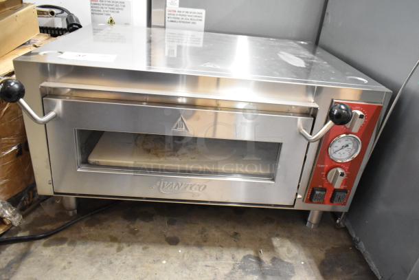Brand new Avantco 177DPO18S stainless steel countertop pizza oven with cooking stone, 120V, slight cosmetic dents.