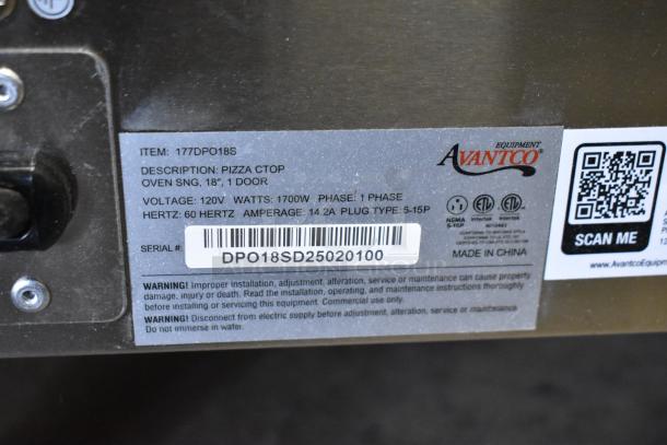 Avantco 177DPO18S Stainless Steel Pizza/Bakery Oven label; 120V, 1 Phase, 1700W; Serial DPO18SD25020100.