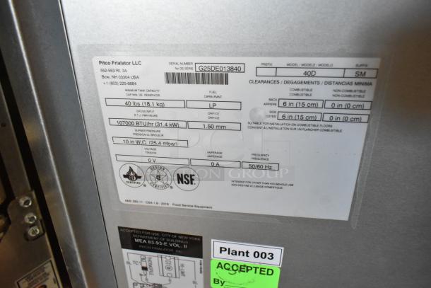 BRAND NEW 2025 Pitco Frialator 40D stainless steel deep fryer, 107,000 BTU, propane, scratch and dent, two metal baskets.