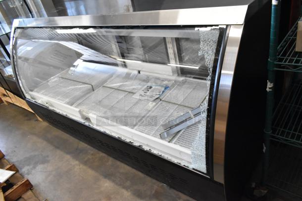 BRAND NEW Avantco 178DLC82HCB 82" refrigerated deli case, black with curved glass, dented and broken glass, 115V, 1-phase.