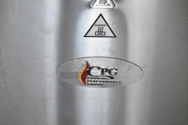 Stainless steel Cooking Performance Group logo with "Caution Hot" label on conveyor pizza oven model 351ICOEB.