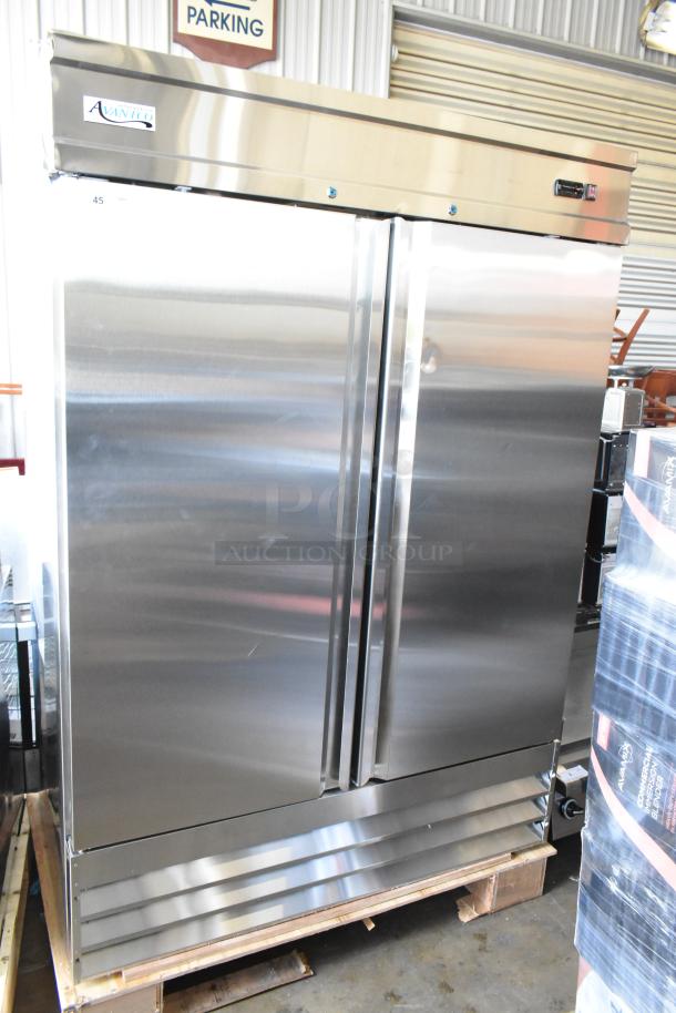 Brand new 2024 Avantco 178SS2RHC stainless steel 2-door reach-in cooler, featuring poly-coated racks, 115V, 1 phase.