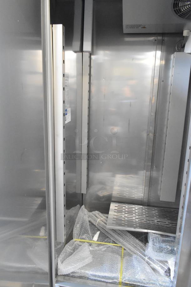 Brand new Avantco 178SS2RHC 2-door stainless cooler, poly coated racks included, 115V, minor scratches, with tags.
