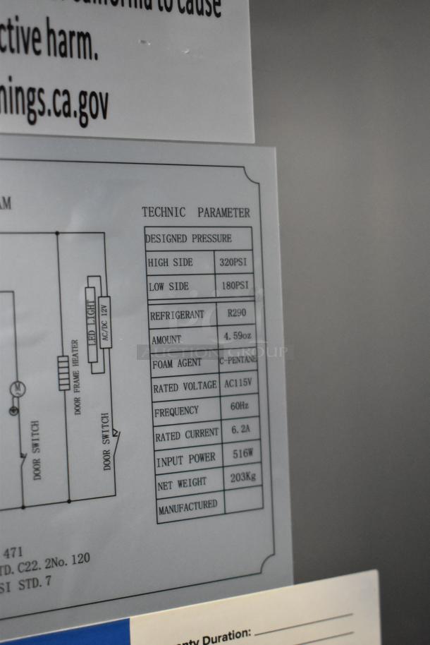 Label showing technical specifications for the 2024 Avantco 178SS2RHC cooler. Details include pressure, refrigerant, voltage.