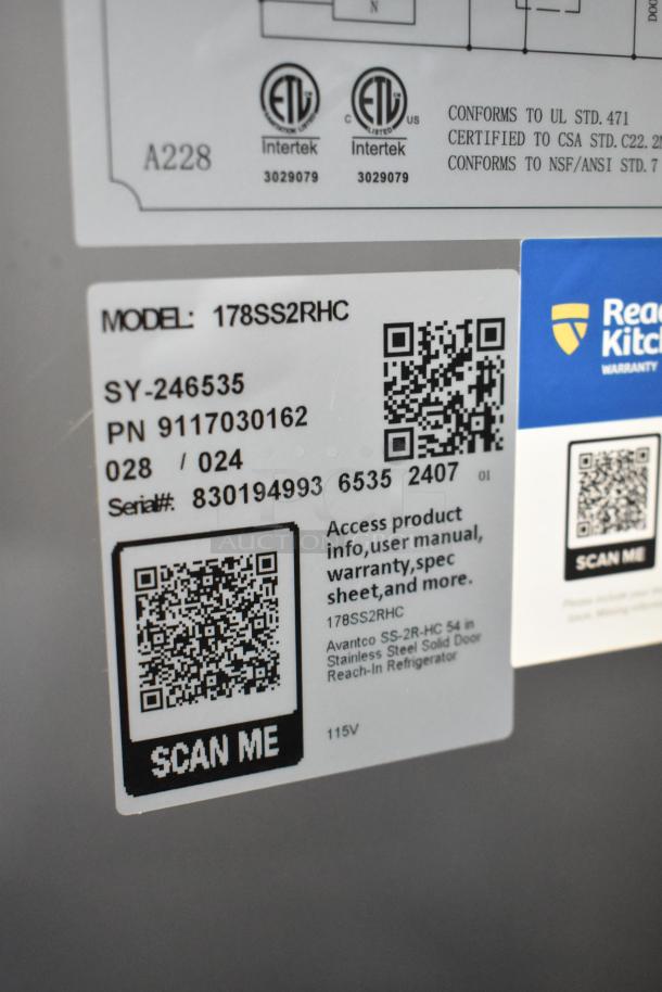 Label close-up for Avantco 178SS2RHC commercial cooler, showing model details, certification marks, and QR code for product info.