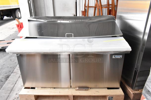 Brand new Avantco 178SSPT60MHC stainless steel commercial sandwich prep table, 2024 model, mega top, scratch and dent condition.