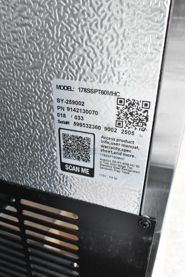 Brand new Avantco 178SSPT60MHC stainless steel commercial prep table. Features model tag, 115V, 1 phase power.