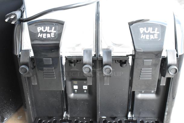 BRAND NEW Elmeco BB2 GREEN 2023 slushie machine, 12L capacity, dual 6L containers, 115V, scratch and dent, with "Pull Here" labels.