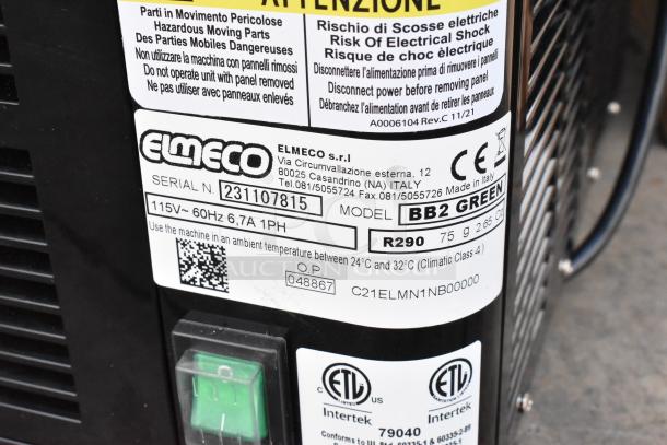Elmeco BB2 GREEN slushie machine label showing serial number, voltage, and safety instructions. 115V, 1 Phase.
