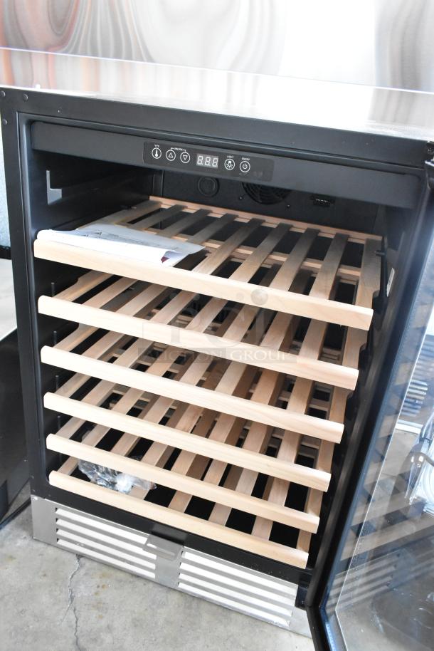 BRAND NEW AvaValley 342WRC46SZ wine cooler, single temperature, full glass door, visible controls, wood shelves.