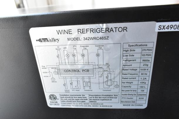 AvaValley 342WRC46SZ wine cooler label, showing specifications: 115V, 1 phase, 150L capacity, R600a refrigerant.