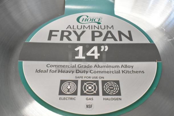 14" aluminum fry pan by Choice, commercial grade, NSF certified, suitable for electric, gas, and halogen cooktops.