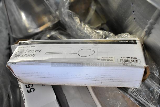Box of 12 new Acopa Phoenix Gold 6.5" 18/0 stainless steel forged teaspoons, model 267810001G, in original packaging.
