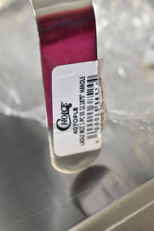 Close-up of a Choice label on stainless steel ladle. Label reads: "407OPL8 Ladle 1PC SS 12.875" Handle."