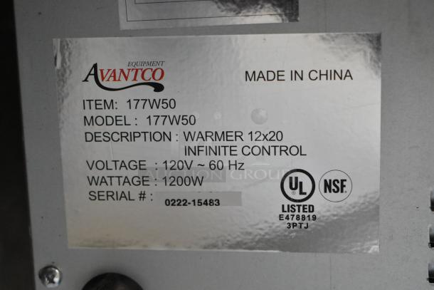 Alt text: Label showing Avantco 177W50 electric countertop food warmer details, 120V, 1200W, UL and NSF certified.