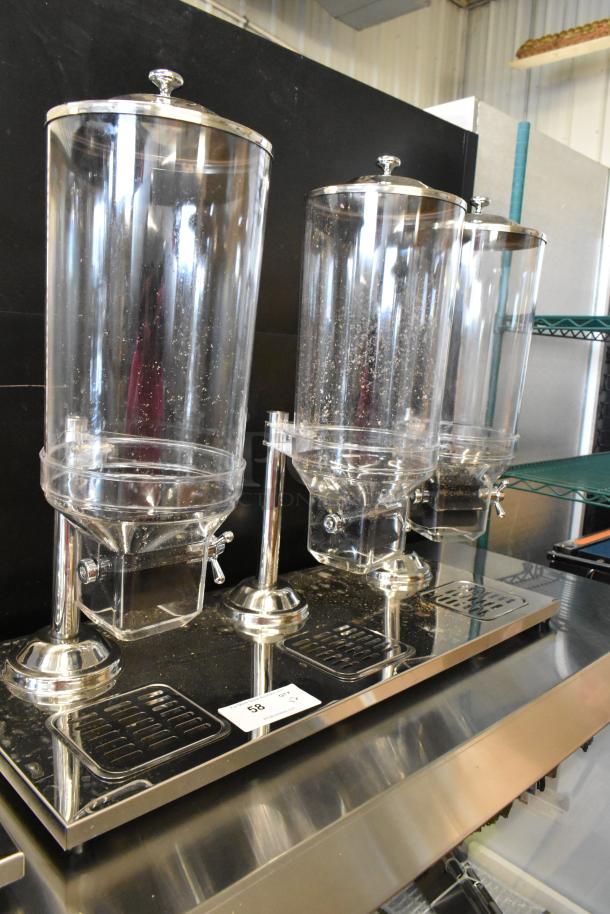 Brand new metal and poly dry dispensers; one double and one triple. Dimensions: 33x14x26, 21.5x14x26, minor scratches.