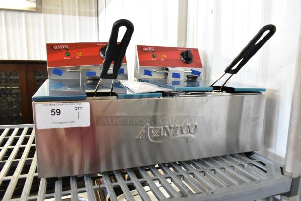 Brand new 2025 Avantco 177F102 stainless steel dual tank electric fryer with 2 baskets, 2 lids, 120V, scratch and dent.