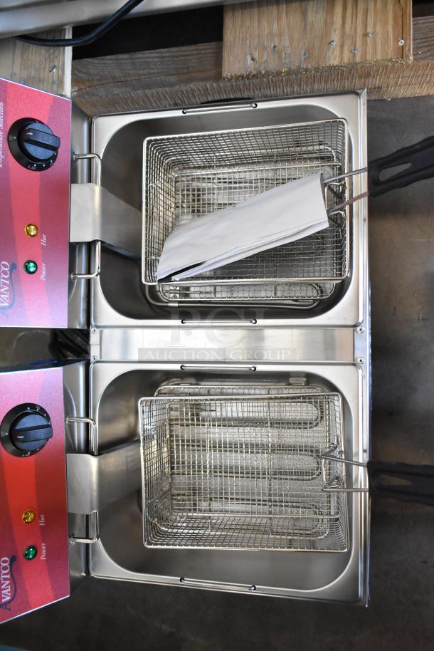 BRAND NEW Avantco 177F102 stainless steel dual tank electric fryer with two metal baskets and lids, 120V, 1 phase.