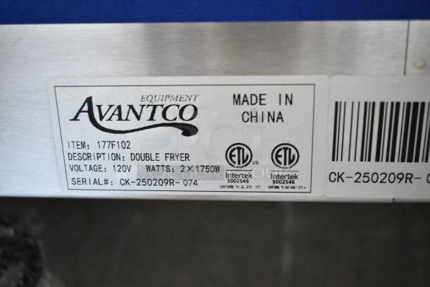 Brand new 2025 Avantco 177F102 stainless steel dual tank fryer with 2 baskets and lids. 120V, 2x1750W. Made in China.