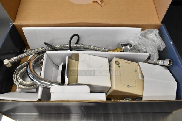 Waterloo 750EFWMLF sensor faucet, new, scratch and dent, with 6 3/16" gooseneck spout, 0.5 GPM, packaged, includes components.