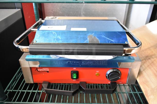 BRAND NEW Avantco 177PG200GS Panini Grill, stainless steel, grooved top, smooth bottom, 13 3/8" x 8 3/4" surface.