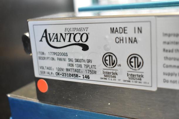 BRAND NEW Avantco 177PG200GS Panini Grill, stainless steel, grooved top, smooth bottom, 13 3/8" x 8 3/4" surface, 120V.