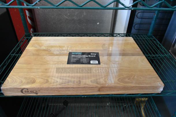 BRAND NEW Choice 407WCB2416 24"x16"x1.75" wood cutting board with squared edges. Visible brand logo and product label.