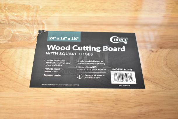 Brand new Choice 407WCB2416 24"x16" wood cutting board. Rubberwood, squared edges, recessed handles, NSF finish.