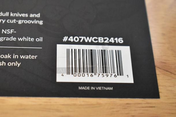 BRAND NEW SCRATCH AND DENT! Choice 407WCB2416 wood cutting board, 24"x16"x1.75", squared edges, barcode visible, made in Vietnam.