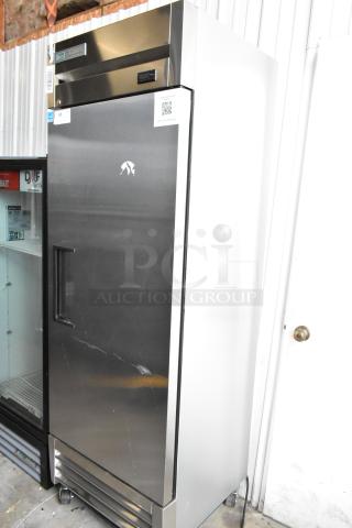 2024 True T-19F-HC stainless steel commercial single door reach-in freezer, poly coated racks, on casters. 115 Volts, 1 Phase.