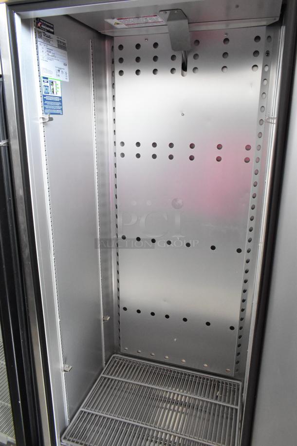 2024 True T-19F-HC stainless steel freezer, single door, poly-coated racks, commercial casters, 115V, 1 phase, label visible.