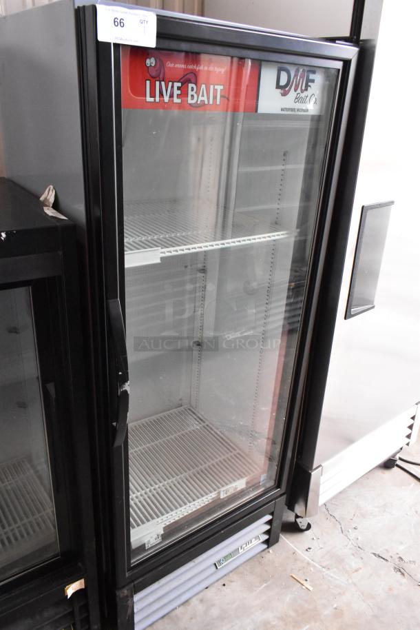 2018 True GDM-12-HC cooler merchandiser, single door, glass front, poly-coated racks, 115V, 1 Phase, "Live Bait" signage.