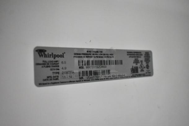 Label on Whirlpool WRT511SZDW00 Reach In Cooler w/ Freezer, showing model, type, serial number, and electrical specs.