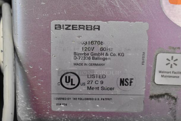 Bizerba stainless steel commercial meat slicer label, 115 volts, 1 phase, UL listed, NSF certified, made in Germany.