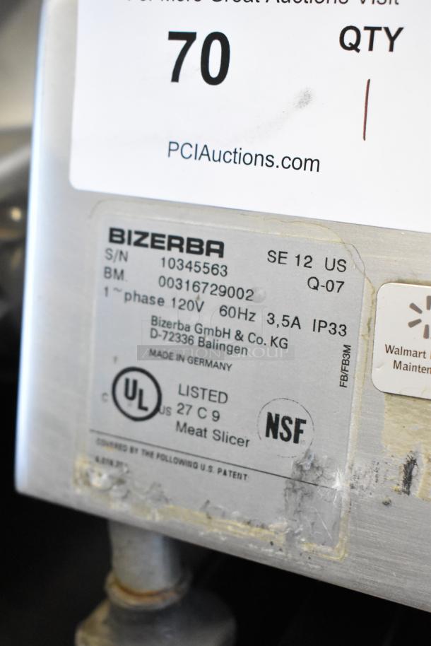 Bizerba SE 12 US commercial meat slicer, stainless steel, 115V, 1 phase. Serial no. 10345563, NSF listed.
