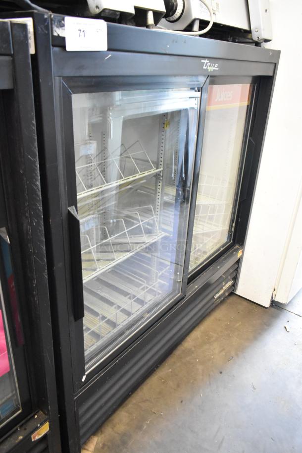 2018 True GDM-41SL-48-HC-LD metal commercial cooler, two glass doors, poly-coated racks, 115 volts, 1 phase.