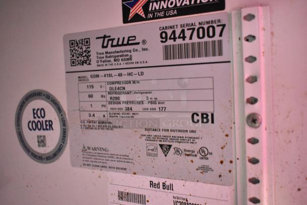 Label of 2018 True GDM-41SL-48-HC-LD cooler, showing specifications: 115 Volts, 1 Phase, R290 refrigerant, Eco Cooler.