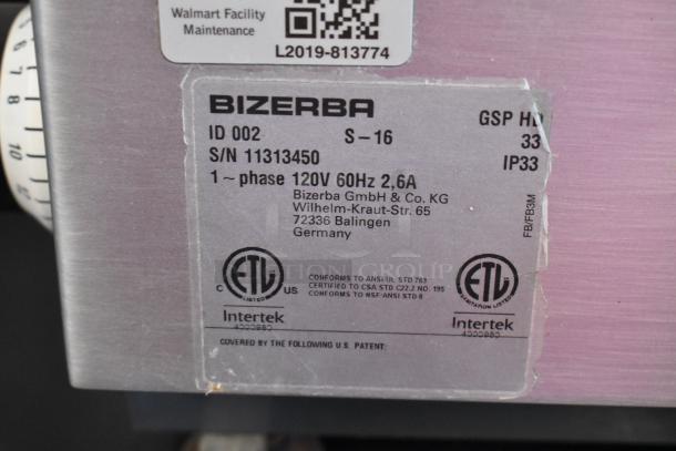 2016 Bizerba GSP HD meat slicer with stainless steel finish. Features 115 volts, 1 phase, and multiple certification marks.
