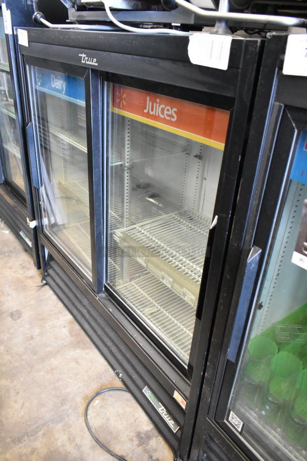 2017 True GDM-41SL-48-HC-LD cooler, 2-door, metal, poly coated racks, 115V, 1 phase, dairy and juices labels visible.