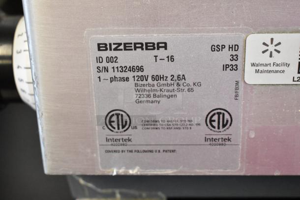2016 Bizerba GSP HD meat slicer label showing model, serial number, 120V, 60Hz, and certification marks.