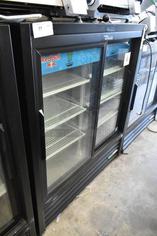 True GDM-41SL-54-HC-LD commercial cooler with 2 glass doors, poly-coated racks, 115V, 1 phase. Branded interior.