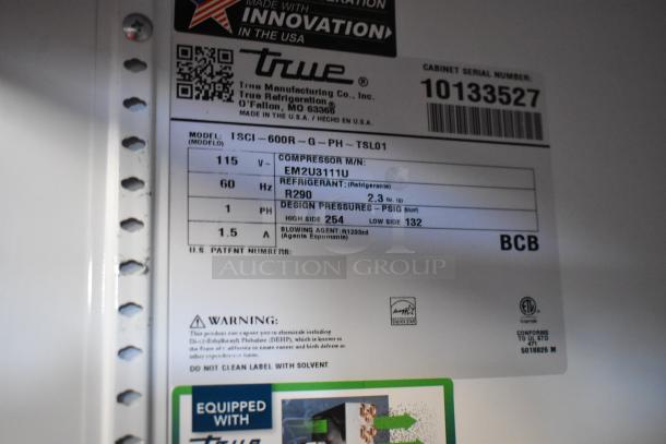 2021 True TSCI-600R-G-PH cooler label, model and serial number visible. 115V, 1 Phase. Poly coated racks, R290 refrigerant.