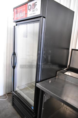 2021 True GDM-26-HC metal single-door cooler, commercial use, poly-coated racks, 115V, 1-phase, "Live Bait" label.