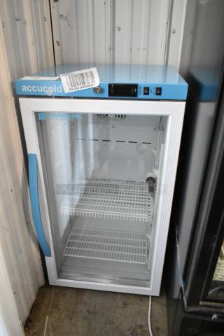 2019 Accucold ARG3PV single door mini reach-in cooler, 115V, metal body, poly-coated racks, commercial use, clear door.