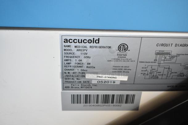 2019 Accucold ARG3PV commercial cooler label, 110V, 0.6A, R600a refrigerant; production date 052019, serial info visible.