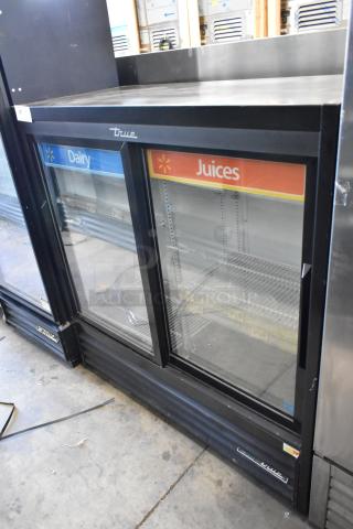 2018 True GDM-41SL-48-HC-LD commercial 2 door cooler, metal with poly racks, 115V, 1 phase, Dairy and Juices labels.