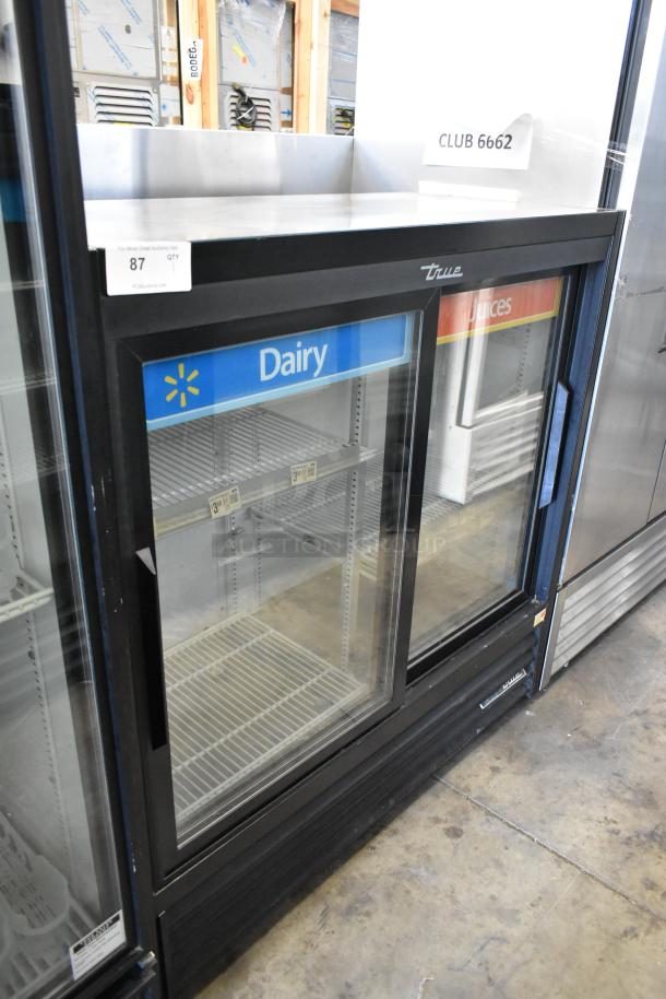 2018 True GDM-41SL-48-HC-LD 2-door cooler, metal frame, poly-coated racks, 115V, 1 phase. "Dairy" and "Juices" labels displayed.