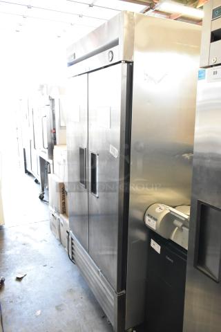 2016 True T-35 stainless steel commercial 2-door reach-in cooler with poly coated racks, on casters, 115V, 1 phase.