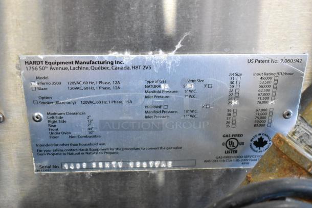 Hardt Inferno 3500 stainless steel commercial rotisserie oven label, detailing gas specs, clearances, and manufacturing info.