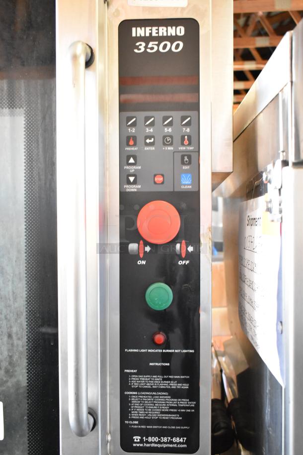 Hardt Inferno 3500 rotisserie oven control panel, stainless steel, commercial use, 40 bird capacity, 76,000 BTU. Instructions visible.